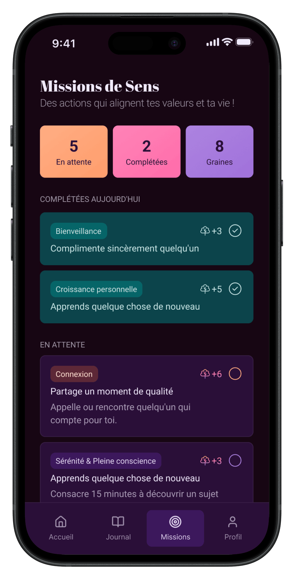 Missions thème sombre Lumina